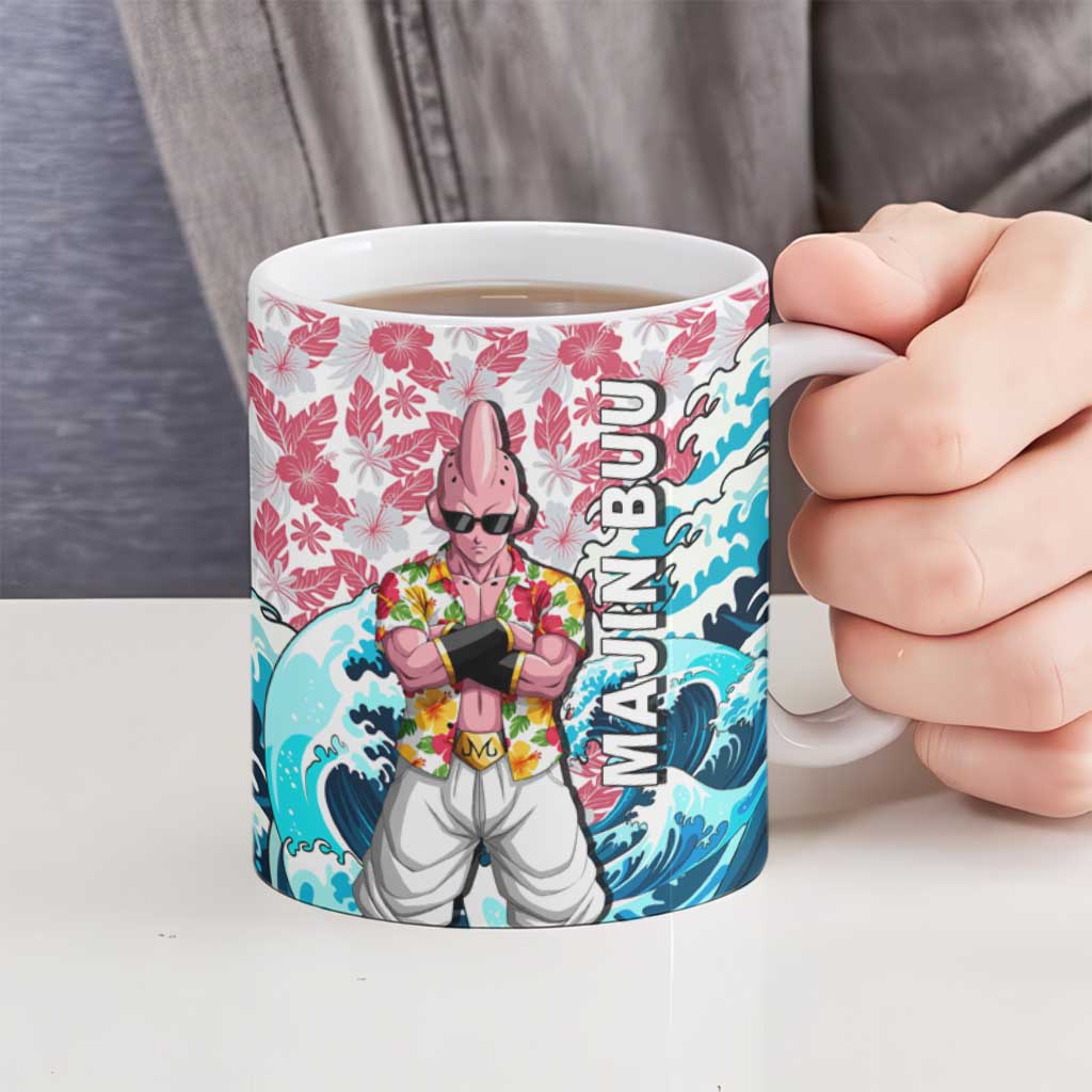 Majin Buu Dragon Ball Summer Theme Ceramic Mug with Floral Shirt Sunglasses Shenron and Ocean Wave Background - The Mazicc