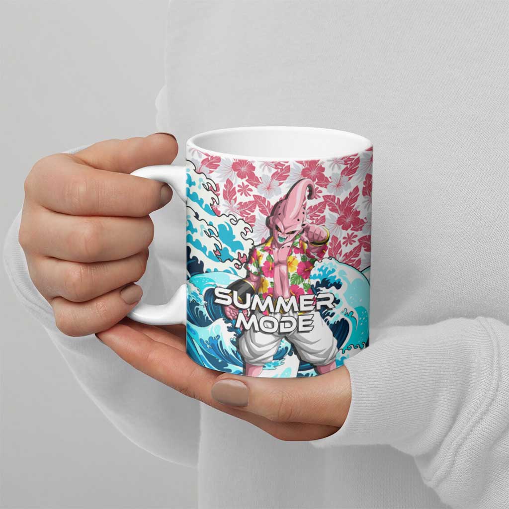 Majin Buu Dragon Ball Summer Theme Ceramic Mug with Floral Shirt Sunglasses Shenron and Ocean Wave Background - The Mazicc