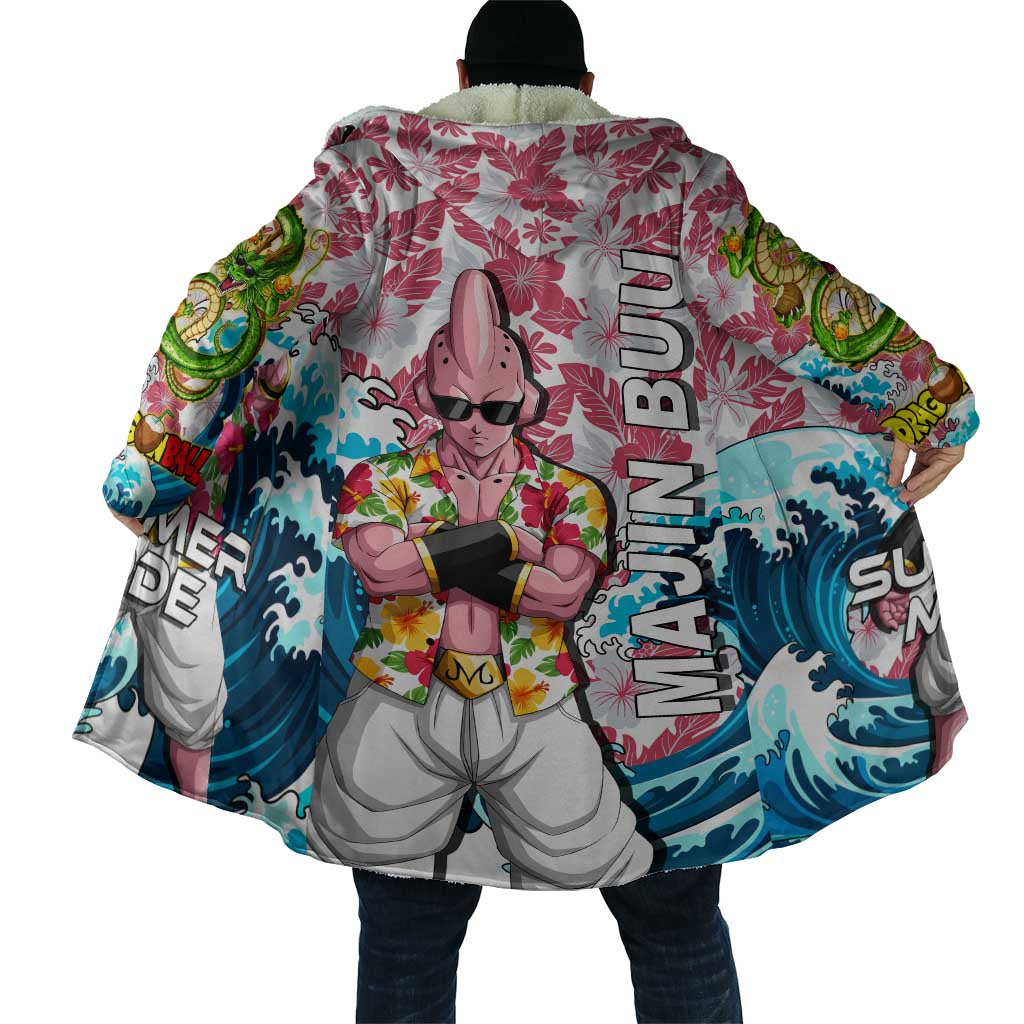 Majin Buu Dragon Ball Summer Theme Cloak with Floral Shirt Sunglasses Shenron and Ocean Wave Background - The Mazicc