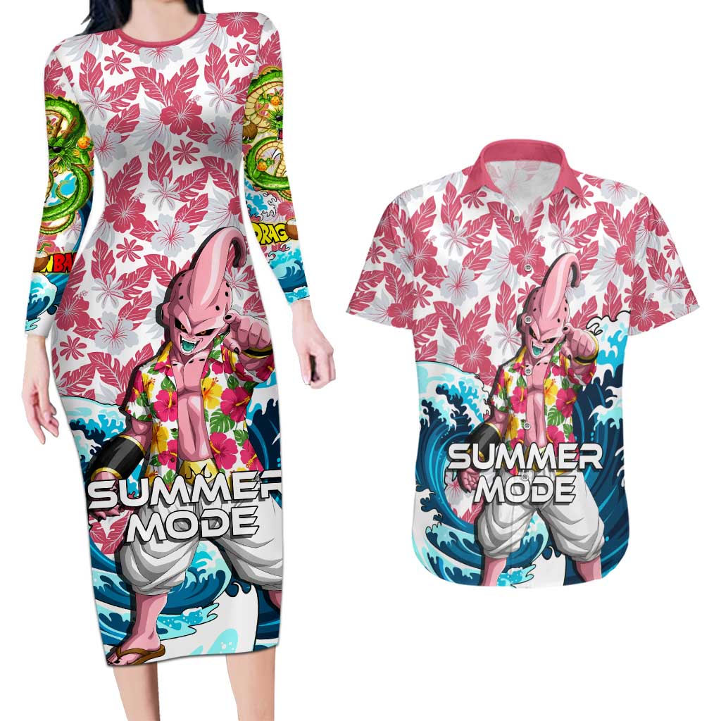Majin Buu Dragon Ball Summer Theme Couples Matching Long Sleeve Bodycon Dress and Hawaiian Shirt with Floral Shirt Sunglasses Shenron and Ocean Wave Background - The Mazicc