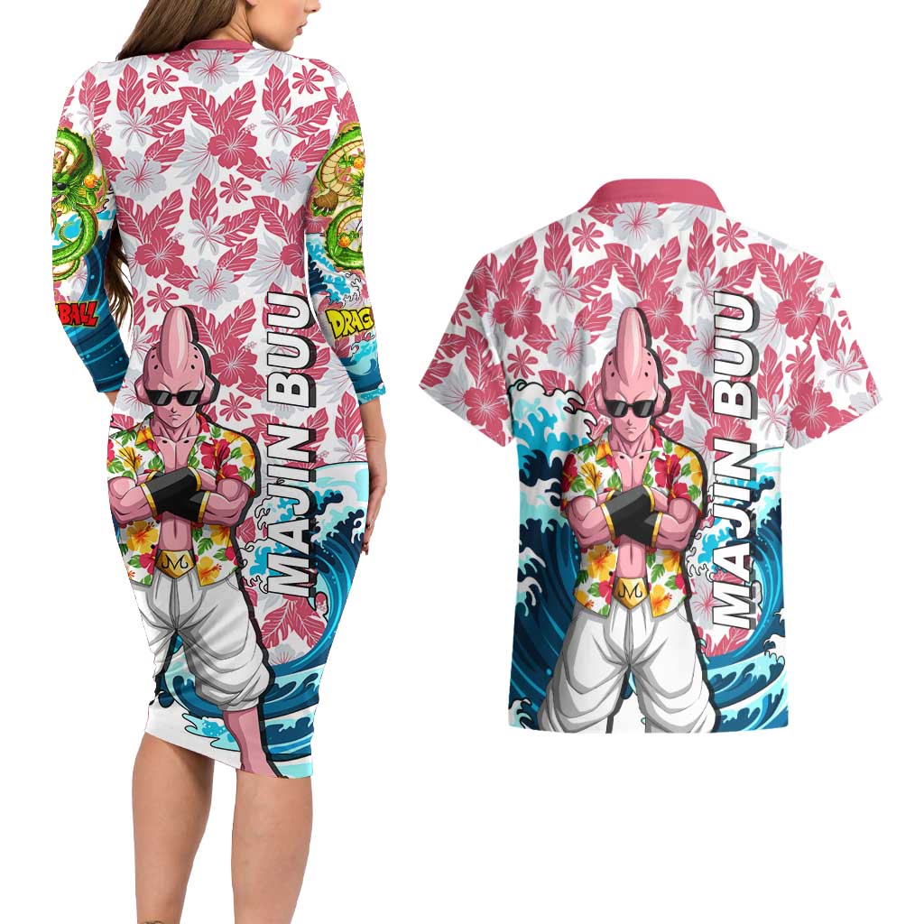 Majin Buu Dragon Ball Summer Theme Couples Matching Long Sleeve Bodycon Dress and Hawaiian Shirt with Floral Shirt Sunglasses Shenron and Ocean Wave Background - The Mazicc