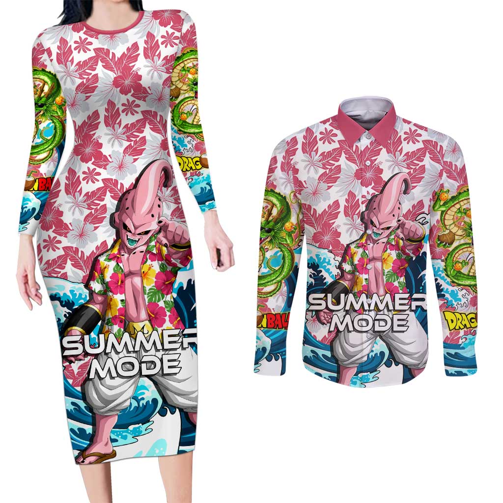 Majin Buu Dragon Ball Summer Theme Couples Matching Long Sleeve Bodycon Dress and Long Sleeve Button Shirt with Floral Shirt Sunglasses Shenron and Ocean Wave Background - The Mazicc