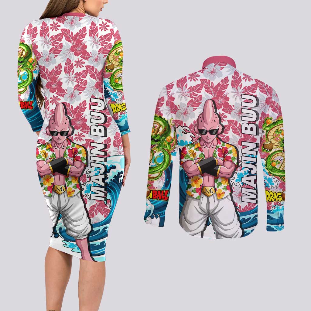 Majin Buu Dragon Ball Summer Theme Couples Matching Long Sleeve Bodycon Dress and Long Sleeve Button Shirt with Floral Shirt Sunglasses Shenron and Ocean Wave Background - The Mazicc
