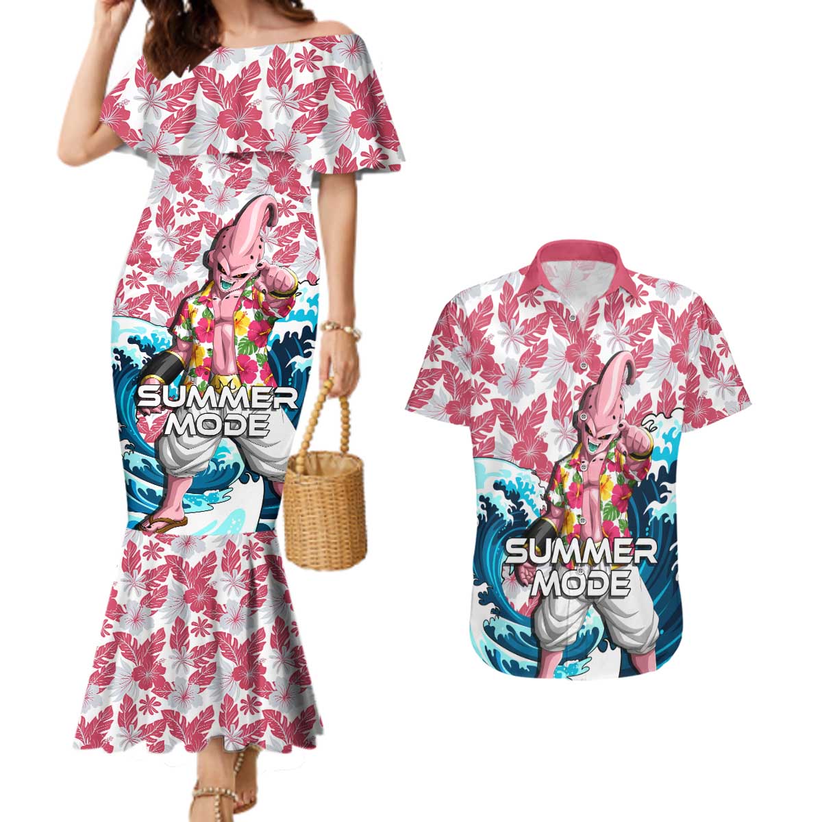 Majin Buu Dragon Ball Summer Theme Couples Matching Mermaid Dress and Hawaiian Shirt with Floral Shirt Sunglasses Shenron and Ocean Wave Background - The Mazicc