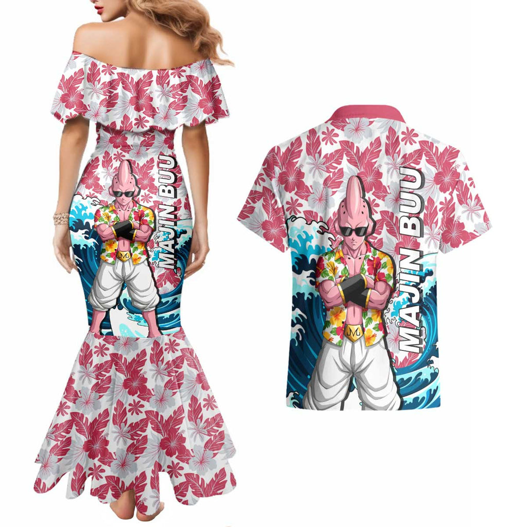 Majin Buu Dragon Ball Summer Theme Couples Matching Mermaid Dress and Hawaiian Shirt with Floral Shirt Sunglasses Shenron and Ocean Wave Background - The Mazicc