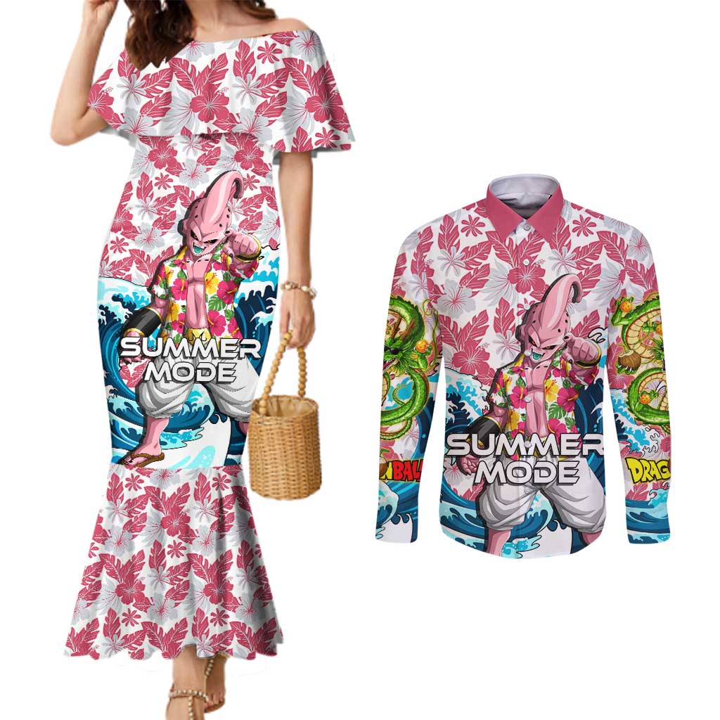 Majin Buu Dragon Ball Summer Theme Couples Matching Mermaid Dress and Long Sleeve Button Shirt with Floral Shirt Sunglasses Shenron and Ocean Wave Background - The Mazicc