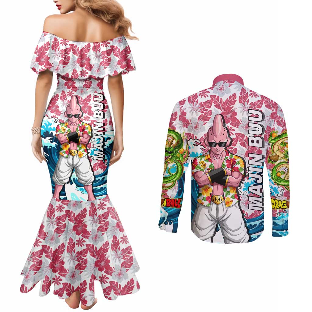 Majin Buu Dragon Ball Summer Theme Couples Matching Mermaid Dress and Long Sleeve Button Shirt with Floral Shirt Sunglasses Shenron and Ocean Wave Background - The Mazicc
