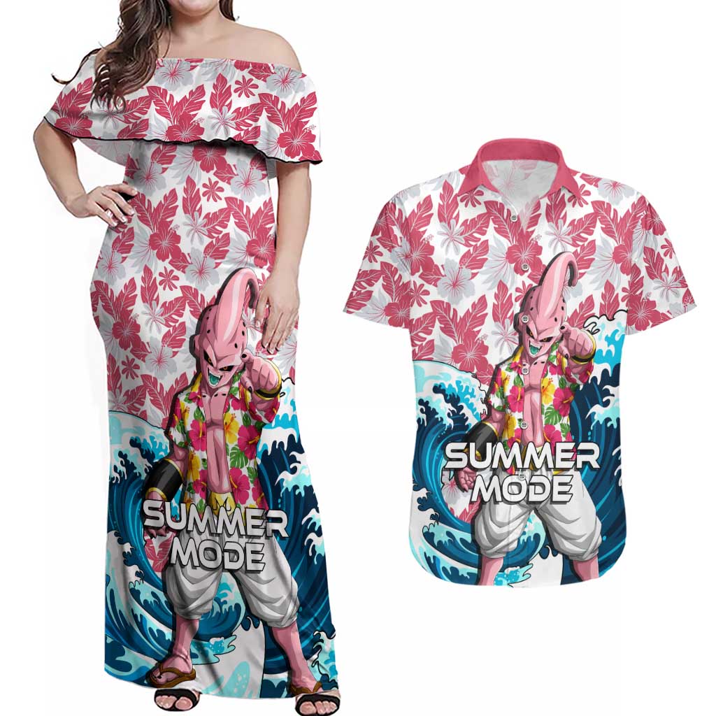 Majin Buu Dragon Ball Summer Theme Couples Matching Off Shoulder Maxi Dress and Hawaiian Shirt with Floral Shirt Sunglasses Shenron and Ocean Wave Background - The Mazicc