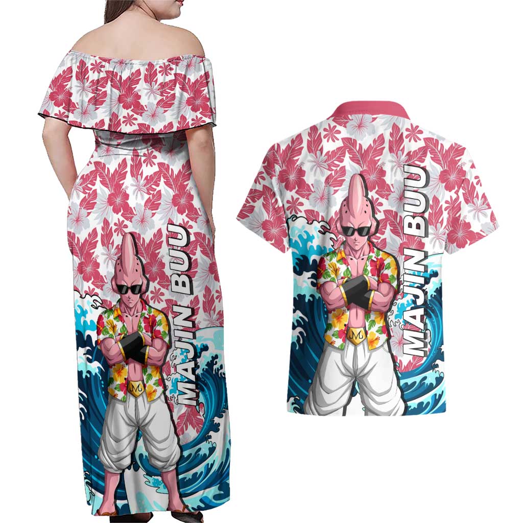 Majin Buu Dragon Ball Summer Theme Couples Matching Off Shoulder Maxi Dress and Hawaiian Shirt with Floral Shirt Sunglasses Shenron and Ocean Wave Background - The Mazicc