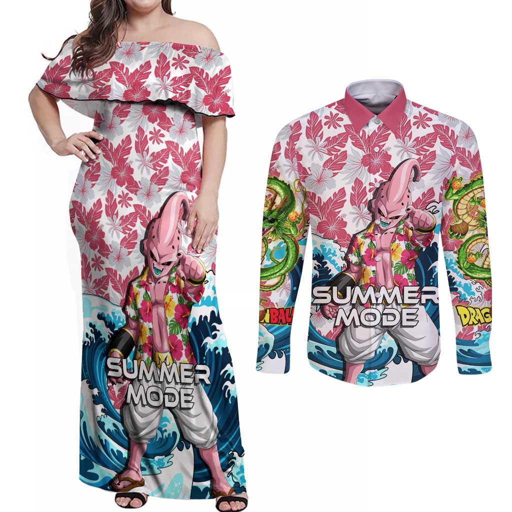 Majin Buu Dragon Ball Summer Theme Couples Matching Off Shoulder Maxi Dress and Long Sleeve Button Shirt with Floral Shirt Sunglasses Shenron and Ocean Wave Background - The Mazicc