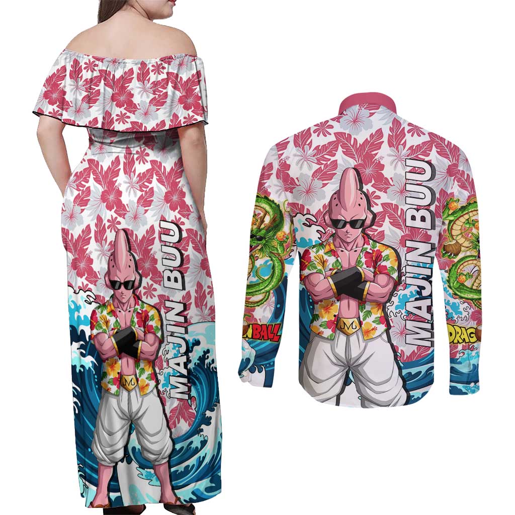 Majin Buu Dragon Ball Summer Theme Couples Matching Off Shoulder Maxi Dress and Long Sleeve Button Shirt with Floral Shirt Sunglasses Shenron and Ocean Wave Background - The Mazicc