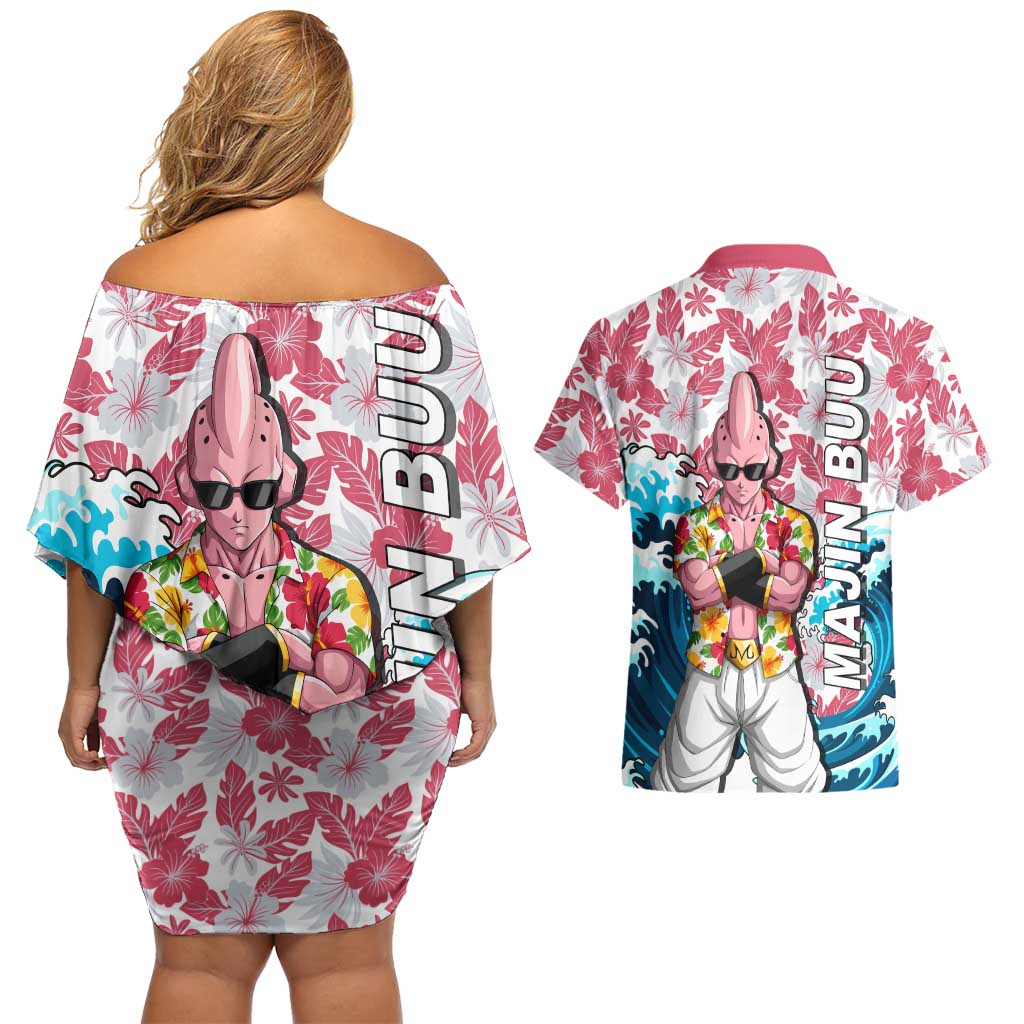 Majin Buu Dragon Ball Summer Theme Couples Matching Off Shoulder Short Dress and Hawaiian Shirt with Floral Shirt Sunglasses Shenron and Ocean Wave Background - The Mazicc