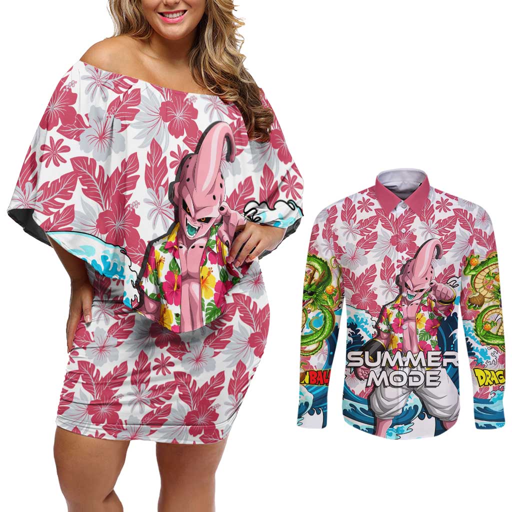 Majin Buu Dragon Ball Summer Theme Couples Matching Off Shoulder Short Dress and Long Sleeve Button Shirt with Floral Shirt Sunglasses Shenron and Ocean Wave Background - The Mazicc