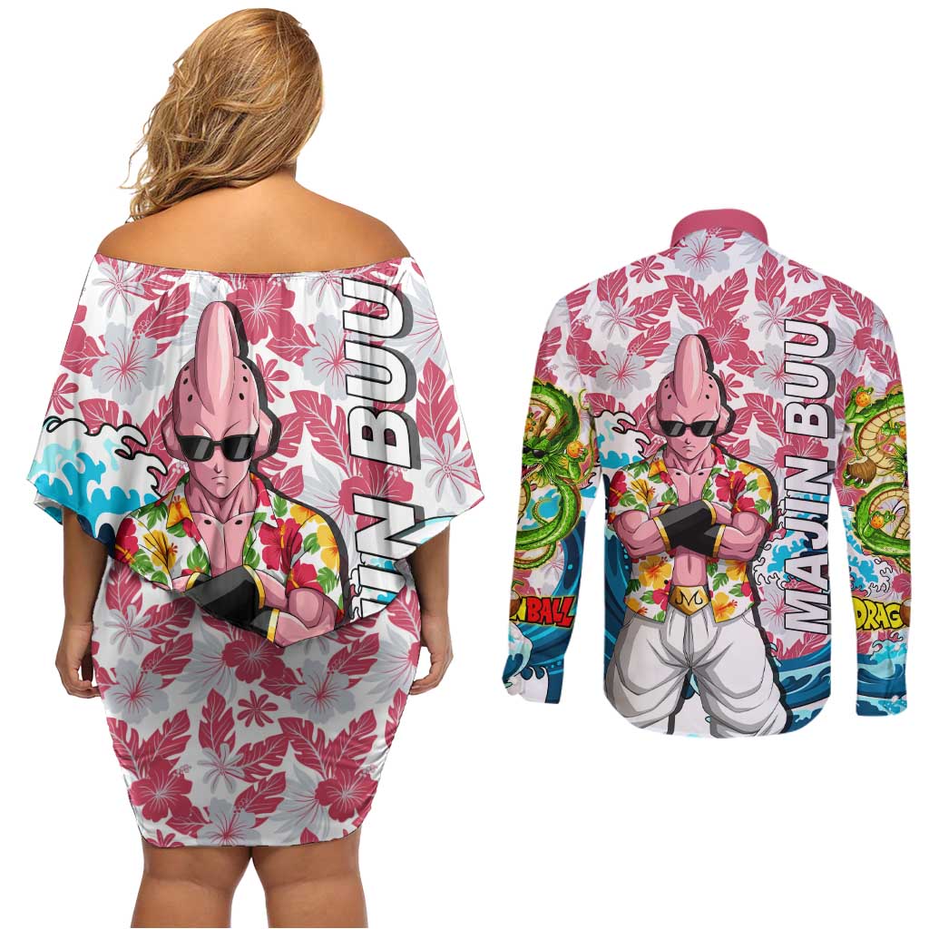 Majin Buu Dragon Ball Summer Theme Couples Matching Off Shoulder Short Dress and Long Sleeve Button Shirt with Floral Shirt Sunglasses Shenron and Ocean Wave Background - The Mazicc