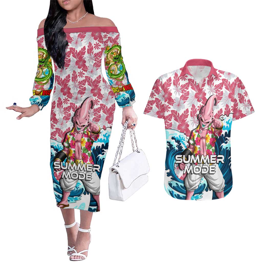 Majin Buu Dragon Ball Summer Theme Couples Matching Off The Shoulder Long Sleeve Dress and Hawaiian Shirt with Floral Shirt Sunglasses Shenron and Ocean Wave Background - The Mazicc