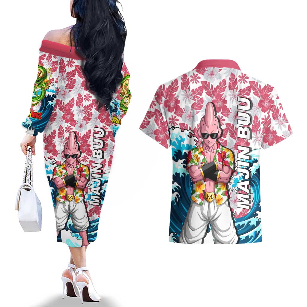 Majin Buu Dragon Ball Summer Theme Couples Matching Off The Shoulder Long Sleeve Dress and Hawaiian Shirt with Floral Shirt Sunglasses Shenron and Ocean Wave Background - The Mazicc