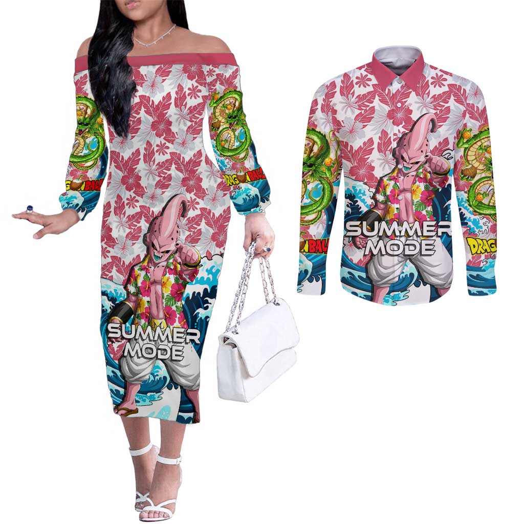 Majin Buu Dragon Ball Summer Theme Couples Matching Off The Shoulder Long Sleeve Dress and Long Sleeve Button Shirt with Floral Shirt Sunglasses Shenron and Ocean Wave Background - The Mazicc