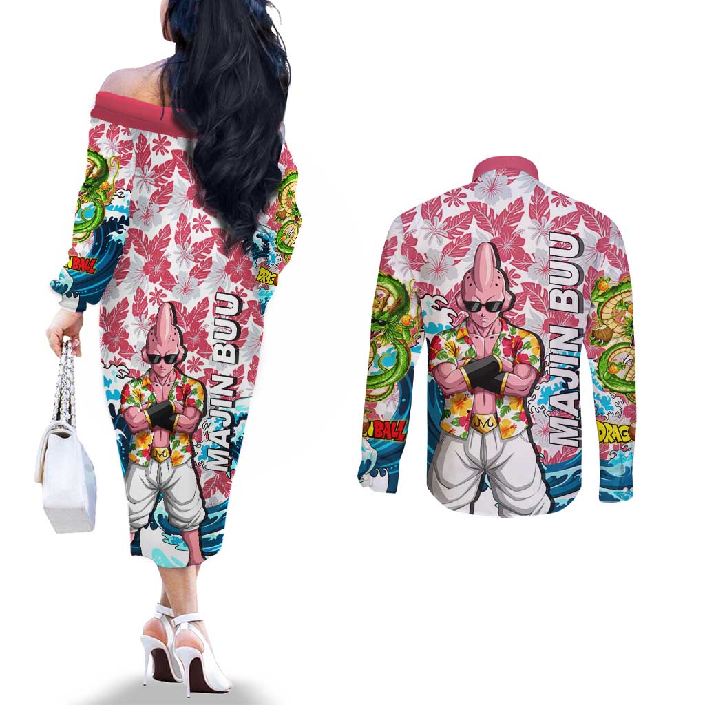 Majin Buu Dragon Ball Summer Theme Couples Matching Off The Shoulder Long Sleeve Dress and Long Sleeve Button Shirt with Floral Shirt Sunglasses Shenron and Ocean Wave Background - The Mazicc