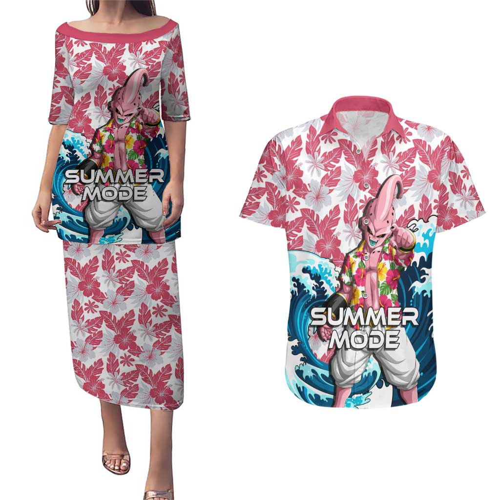 Majin Buu Dragon Ball Summer Theme Couples Matching Puletasi and Hawaiian Shirt with Floral Shirt Sunglasses Shenron and Ocean Wave Background - The Mazicc