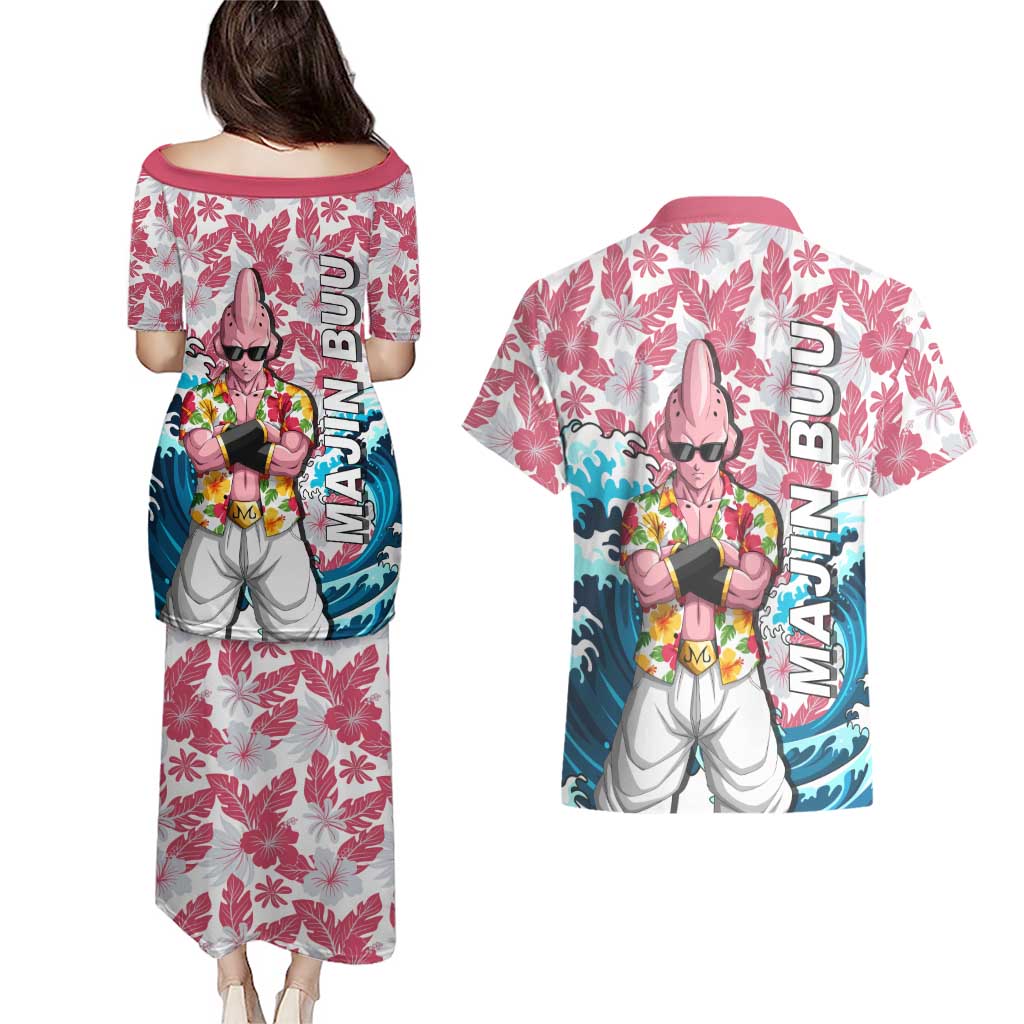 Majin Buu Dragon Ball Summer Theme Couples Matching Puletasi and Hawaiian Shirt with Floral Shirt Sunglasses Shenron and Ocean Wave Background - The Mazicc