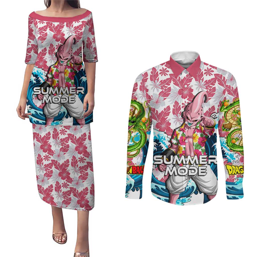 Majin Buu Dragon Ball Summer Theme Couples Matching Puletasi and Long Sleeve Button Shirt with Floral Shirt Sunglasses Shenron and Ocean Wave Background - The Mazicc