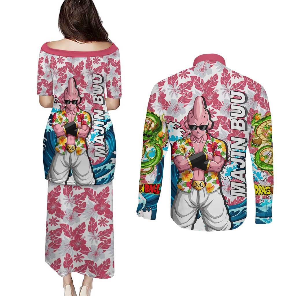 Majin Buu Dragon Ball Summer Theme Couples Matching Puletasi and Long Sleeve Button Shirt with Floral Shirt Sunglasses Shenron and Ocean Wave Background - The Mazicc