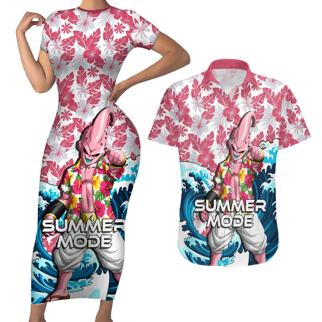 Majin Buu Dragon Ball Summer Theme Couples Matching Short Sleeve Bodycon Dress and Hawaiian Shirt with Floral Shirt Sunglasses Shenron and Ocean Wave Background - The Mazicc
