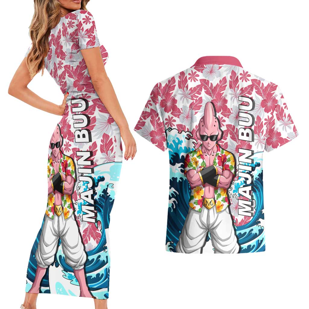 Majin Buu Dragon Ball Summer Theme Couples Matching Short Sleeve Bodycon Dress and Hawaiian Shirt with Floral Shirt Sunglasses Shenron and Ocean Wave Background - The Mazicc