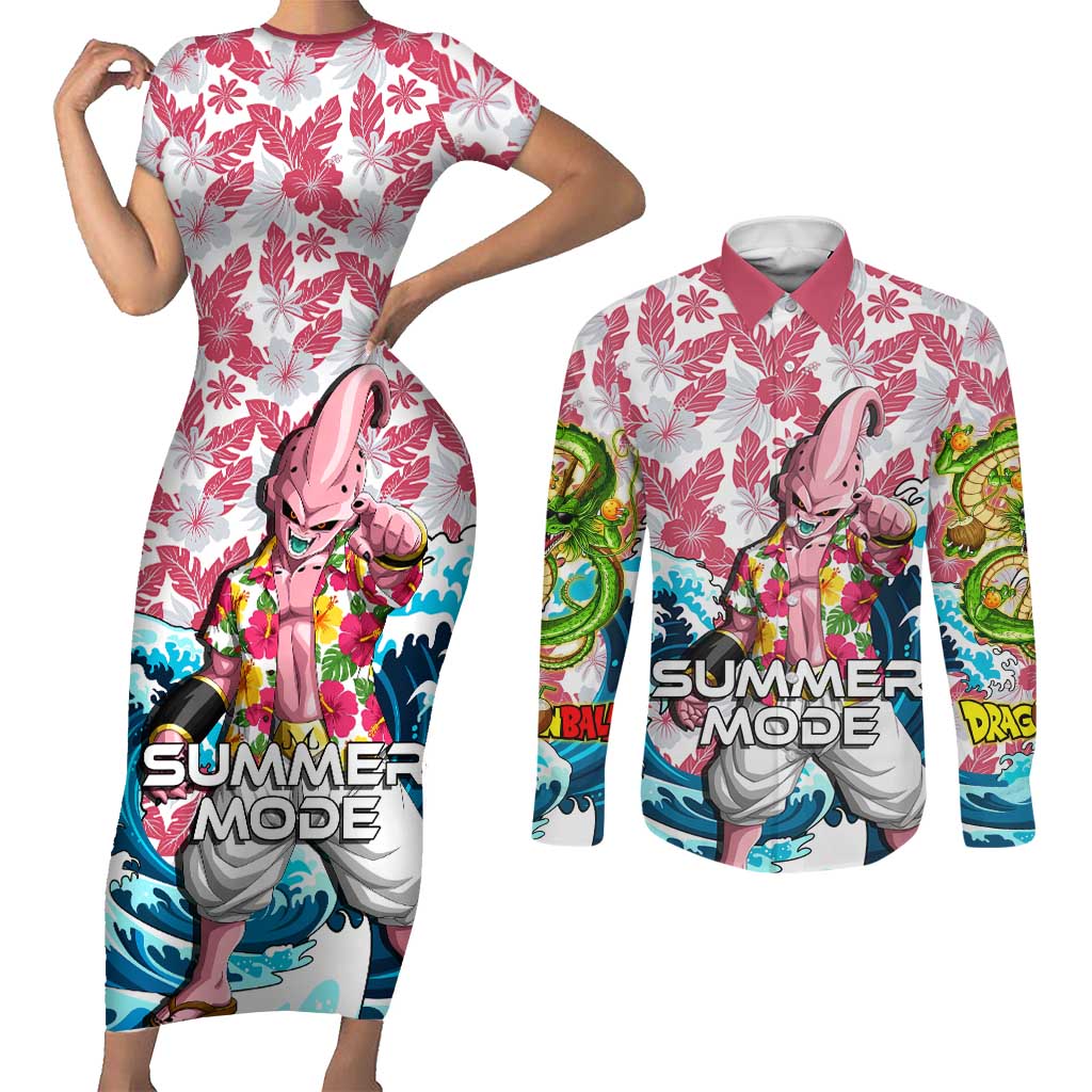Majin Buu Dragon Ball Summer Theme Couples Matching Short Sleeve Bodycon Dress and Long Sleeve Button Shirt with Floral Shirt Sunglasses Shenron and Ocean Wave Background - The Mazicc