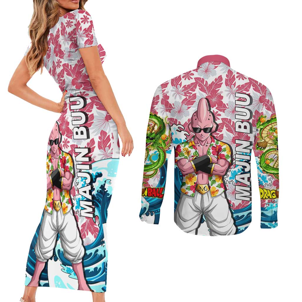 Majin Buu Dragon Ball Summer Theme Couples Matching Short Sleeve Bodycon Dress and Long Sleeve Button Shirt with Floral Shirt Sunglasses Shenron and Ocean Wave Background - The Mazicc