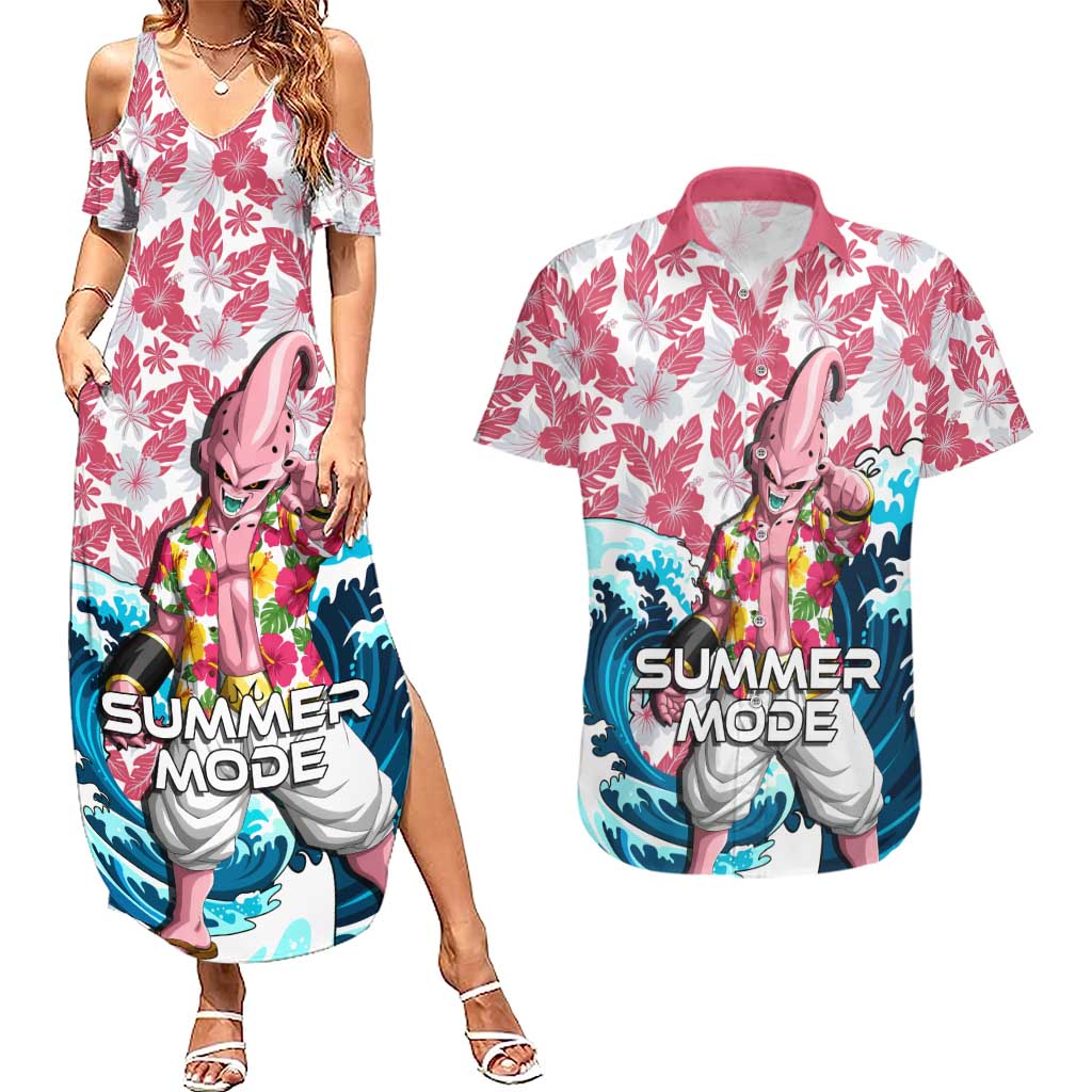 Majin Buu Dragon Ball Summer Theme Couples Matching Summer Maxi Dress and Hawaiian Shirt with Floral Shirt Sunglasses Shenron and Ocean Wave Background - The Mazicc
