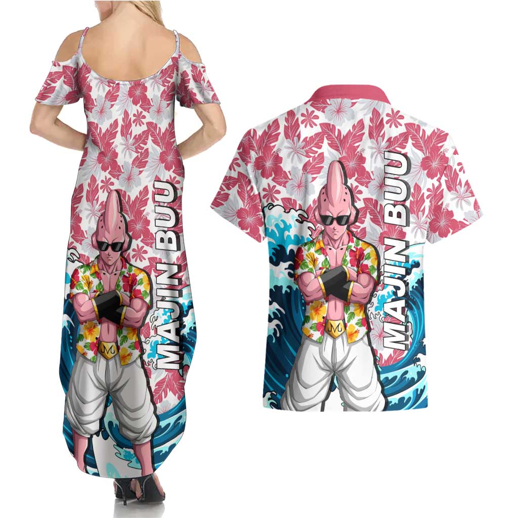 Majin Buu Dragon Ball Summer Theme Couples Matching Summer Maxi Dress and Hawaiian Shirt with Floral Shirt Sunglasses Shenron and Ocean Wave Background - The Mazicc