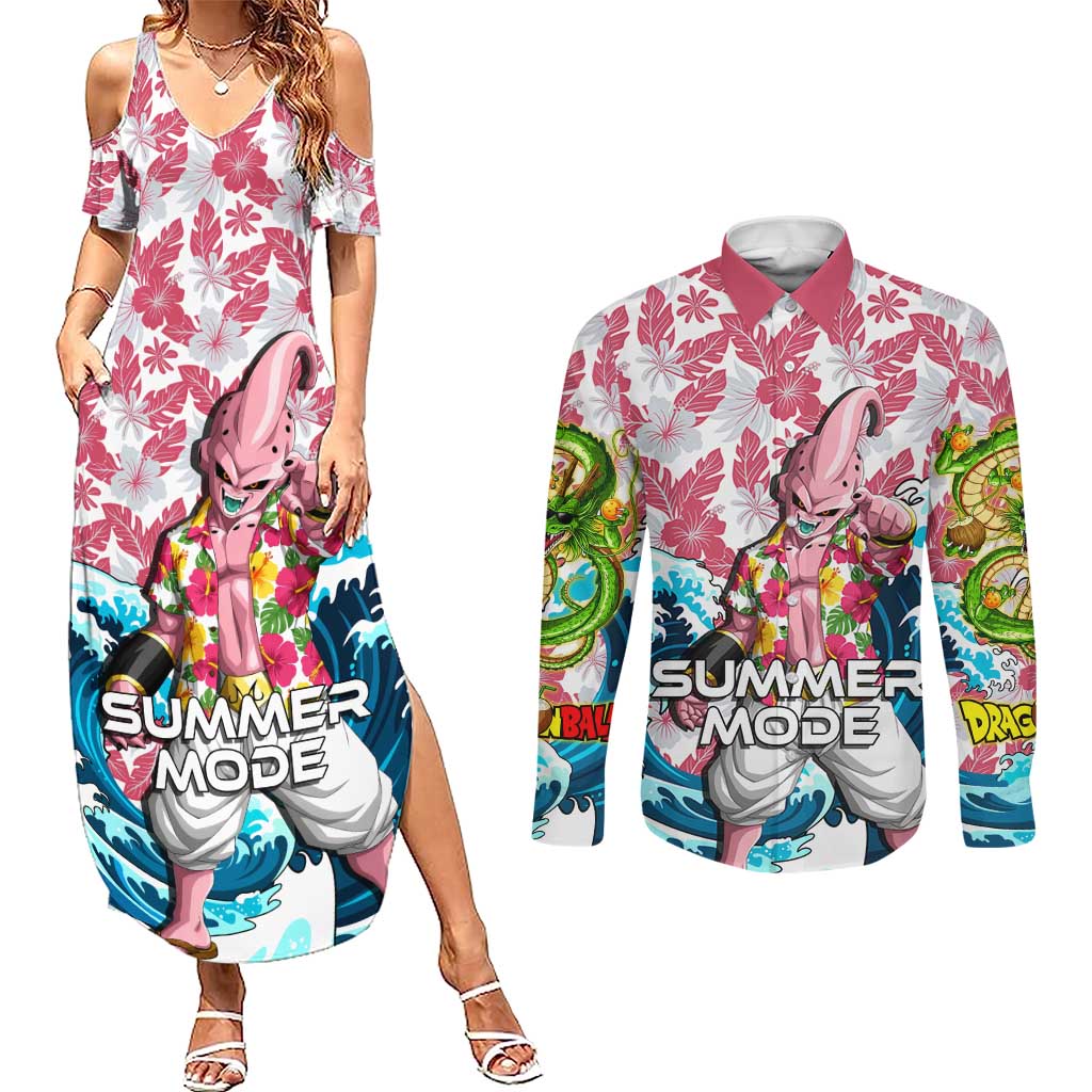 Majin Buu Dragon Ball Summer Theme Couples Matching Summer Maxi Dress and Long Sleeve Button Shirt with Floral Shirt Sunglasses Shenron and Ocean Wave Background - The Mazicc