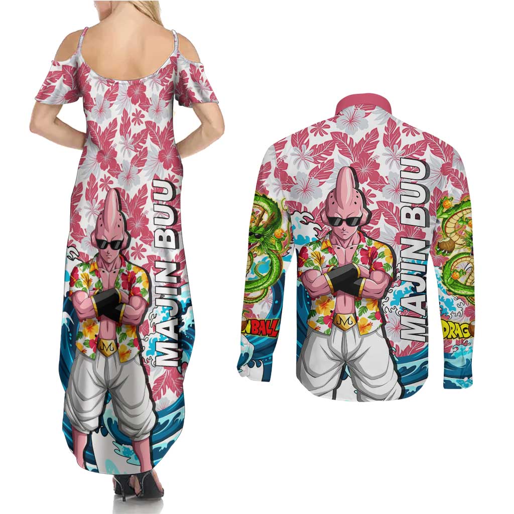 Majin Buu Dragon Ball Summer Theme Couples Matching Summer Maxi Dress and Long Sleeve Button Shirt with Floral Shirt Sunglasses Shenron and Ocean Wave Background - The Mazicc