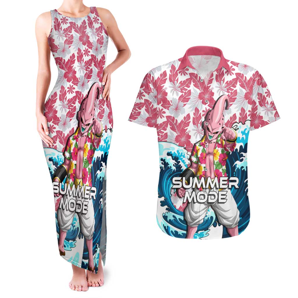 Majin Buu Dragon Ball Summer Theme Couples Matching Tank Maxi Dress and Hawaiian Shirt with Floral Shirt Sunglasses Shenron and Ocean Wave Background - The Mazicc