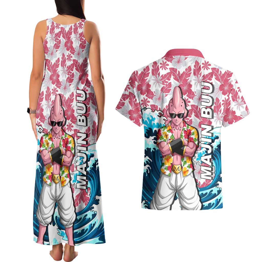 Majin Buu Dragon Ball Summer Theme Couples Matching Tank Maxi Dress and Hawaiian Shirt with Floral Shirt Sunglasses Shenron and Ocean Wave Background - The Mazicc