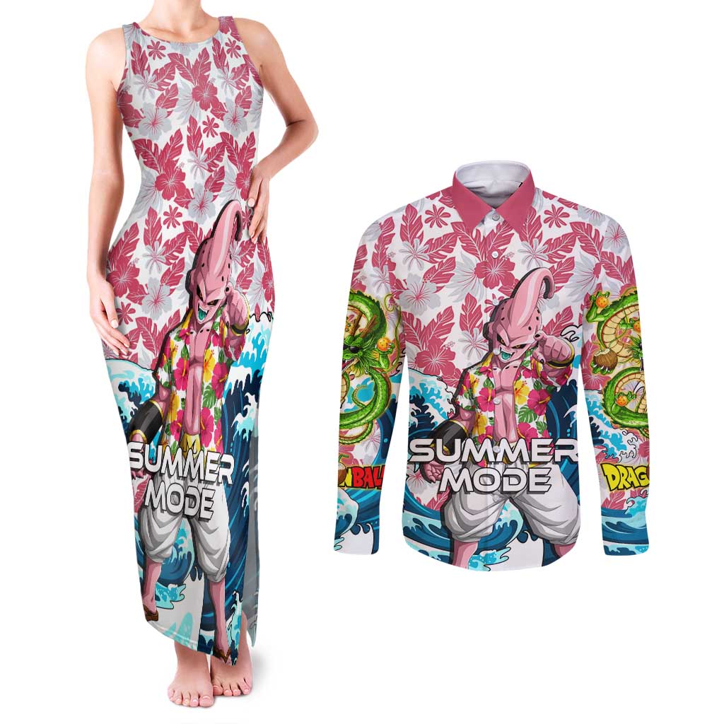 Majin Buu Dragon Ball Summer Theme Couples Matching Tank Maxi Dress and Long Sleeve Button Shirt with Floral Shirt Sunglasses Shenron and Ocean Wave Background - The Mazicc