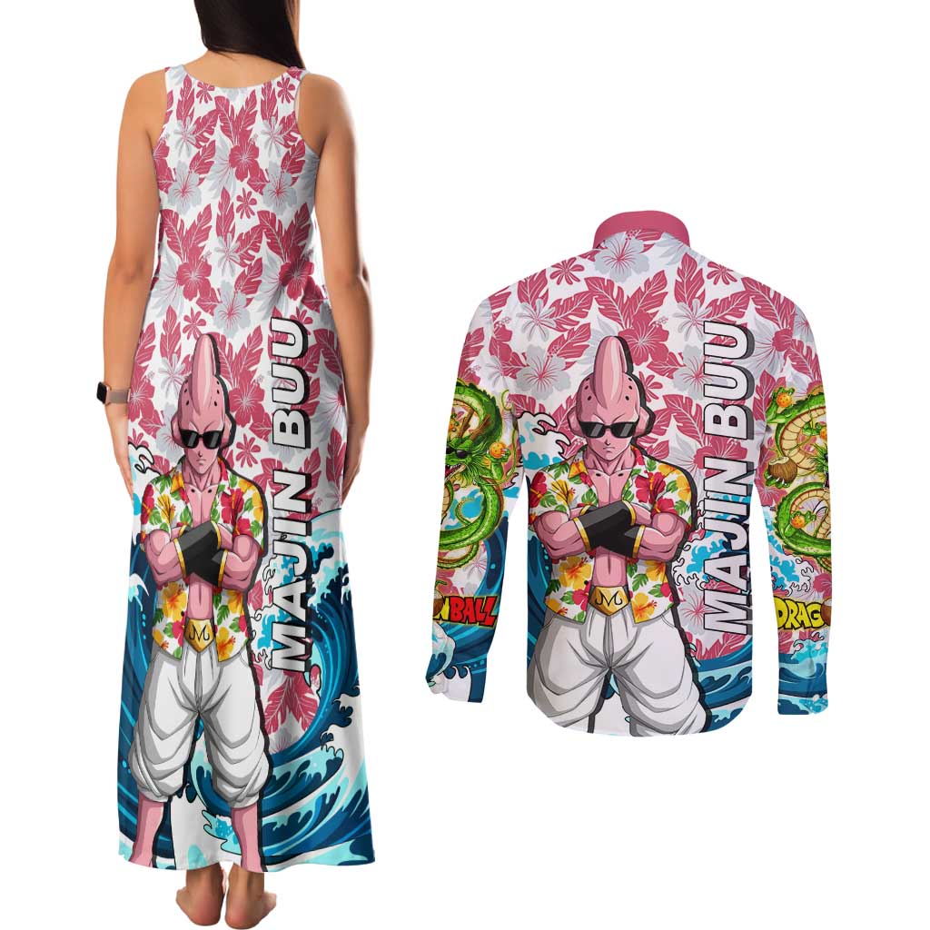 Majin Buu Dragon Ball Summer Theme Couples Matching Tank Maxi Dress and Long Sleeve Button Shirt with Floral Shirt Sunglasses Shenron and Ocean Wave Background - The Mazicc