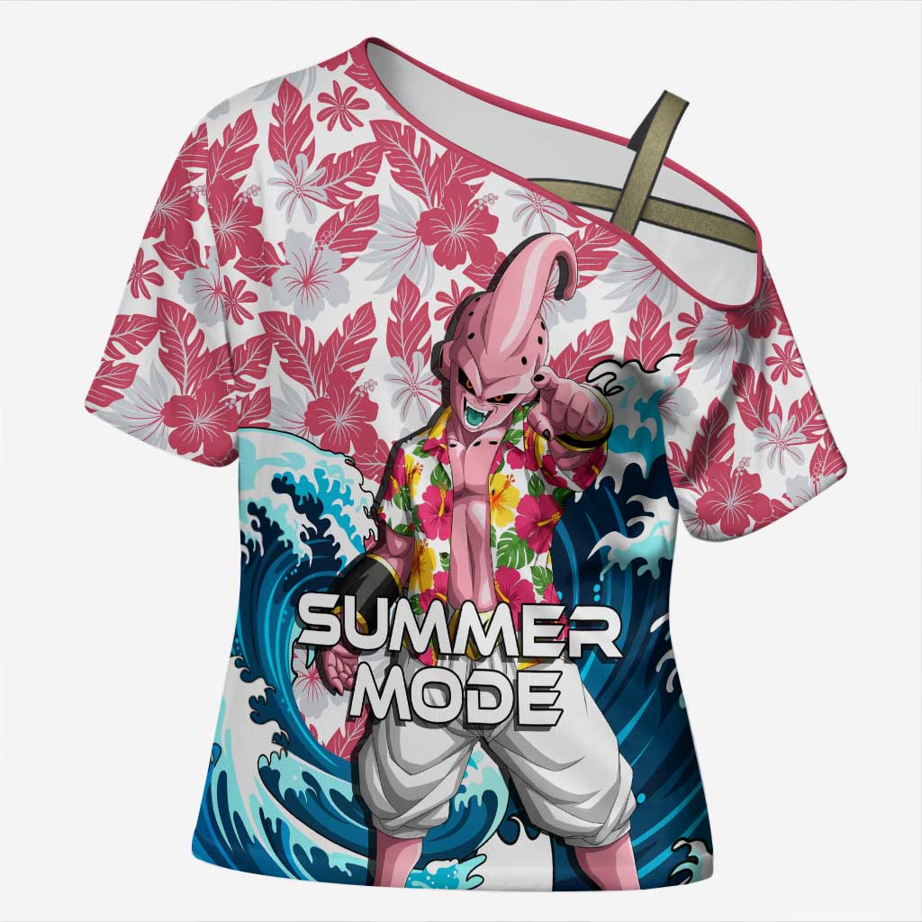Majin Buu Dragon Ball Summer Theme Cross Shoulder Shirt with Floral Shirt Sunglasses Shenron and Ocean Wave Background - The Mazicc