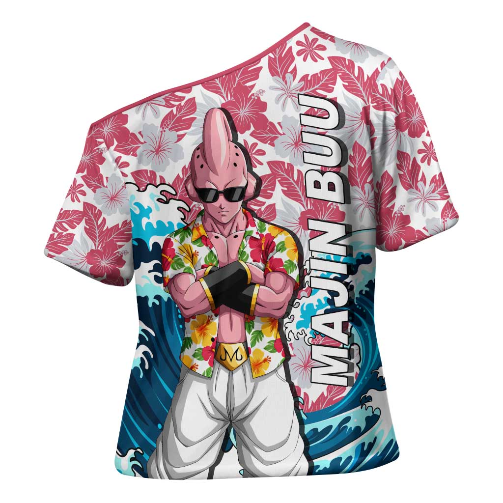 Majin Buu Dragon Ball Summer Theme Cross Shoulder Shirt with Floral Shirt Sunglasses Shenron and Ocean Wave Background - The Mazicc