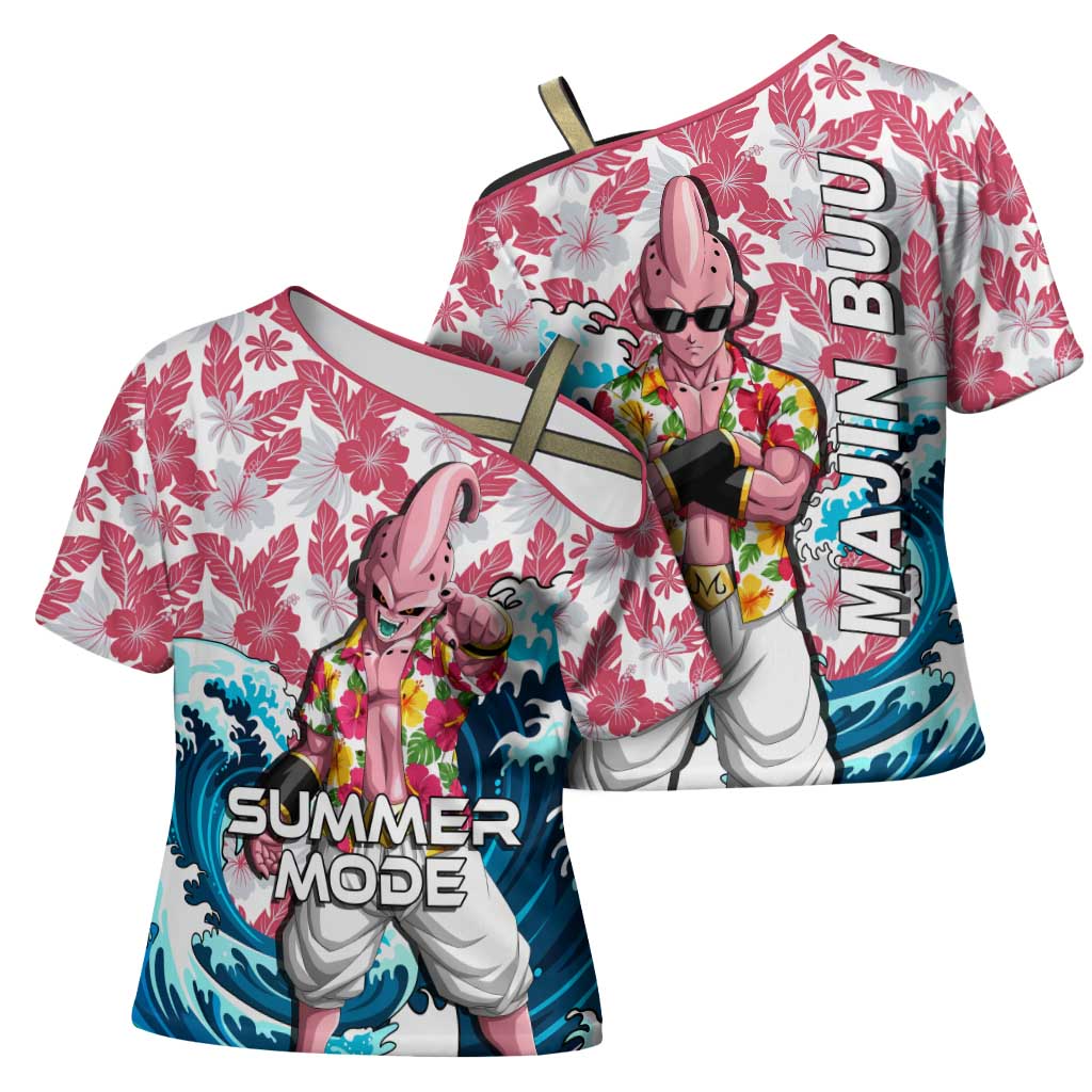 Majin Buu Dragon Ball Summer Theme Cross Shoulder Shirt with Floral Shirt Sunglasses Shenron and Ocean Wave Background - The Mazicc