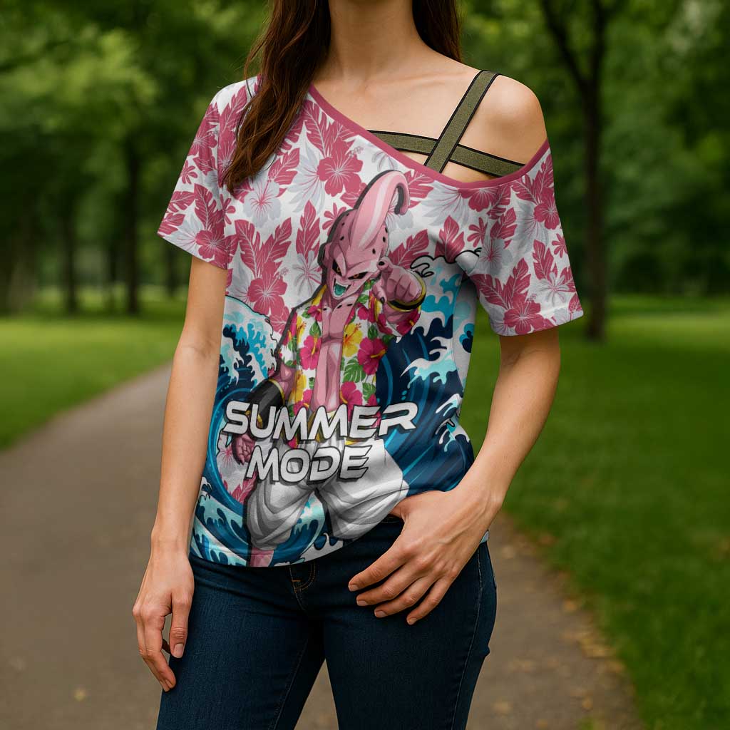 Majin Buu Dragon Ball Summer Theme Cross Shoulder Shirt with Floral Shirt Sunglasses Shenron and Ocean Wave Background - The Mazicc