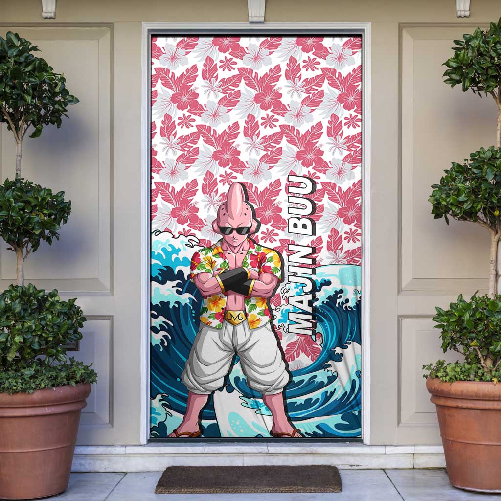 Majin Buu Dragon Ball Summer Theme Door Cover with Floral Shirt Sunglasses Shenron and Ocean Wave Background - The Mazicc