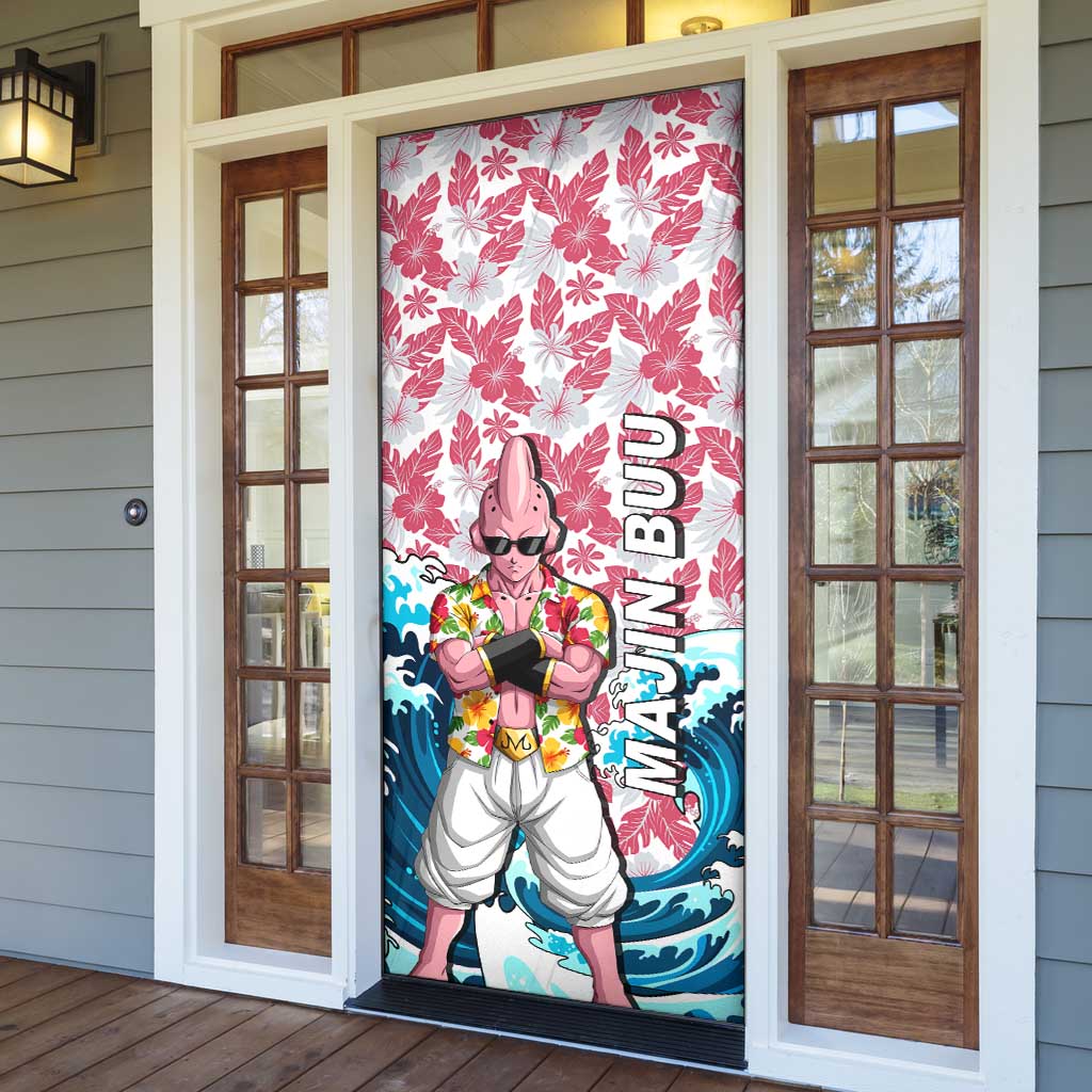 Majin Buu Dragon Ball Summer Theme Door Cover with Floral Shirt Sunglasses Shenron and Ocean Wave Background - The Mazicc