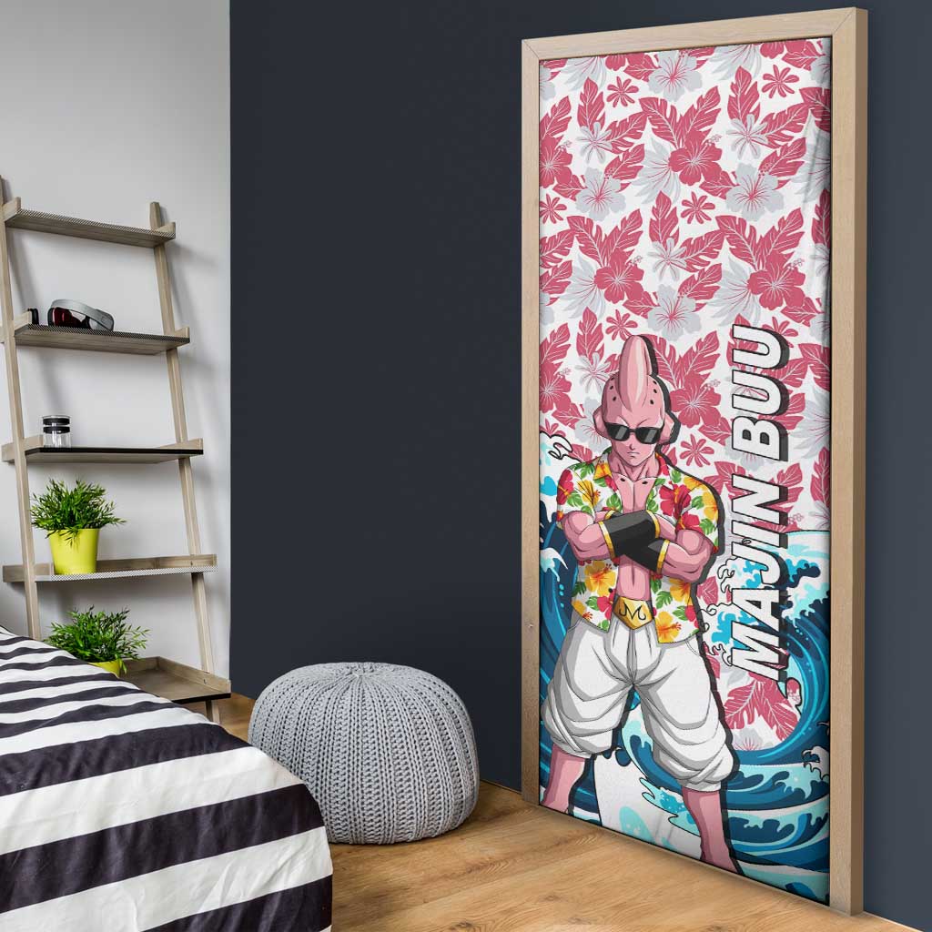 Majin Buu Dragon Ball Summer Theme Door Cover with Floral Shirt Sunglasses Shenron and Ocean Wave Background - The Mazicc