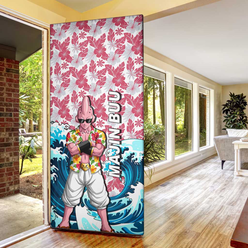 Majin Buu Dragon Ball Summer Theme Door Cover with Floral Shirt Sunglasses Shenron and Ocean Wave Background - The Mazicc