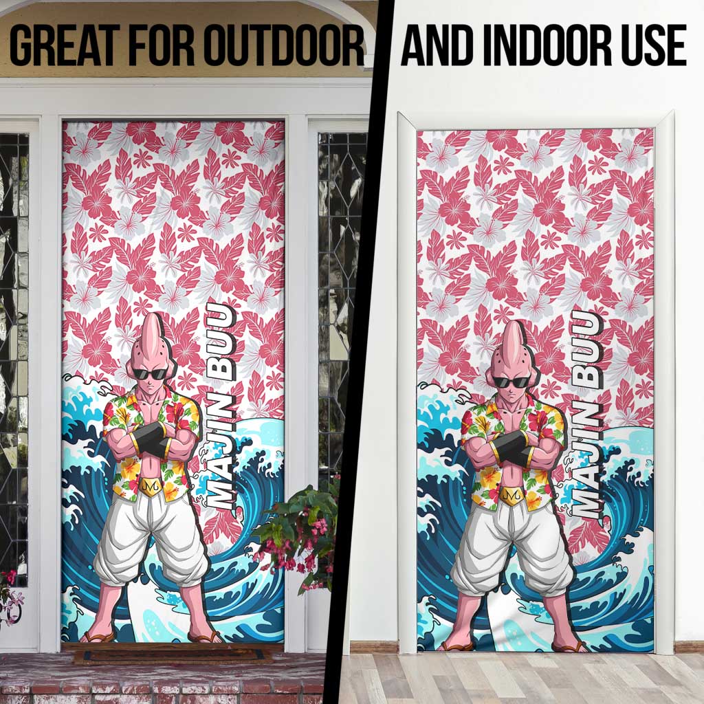 Majin Buu Dragon Ball Summer Theme Door Cover with Floral Shirt Sunglasses Shenron and Ocean Wave Background - The Mazicc