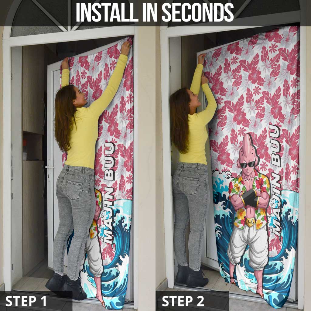 Majin Buu Dragon Ball Summer Theme Door Cover with Floral Shirt Sunglasses Shenron and Ocean Wave Background - The Mazicc