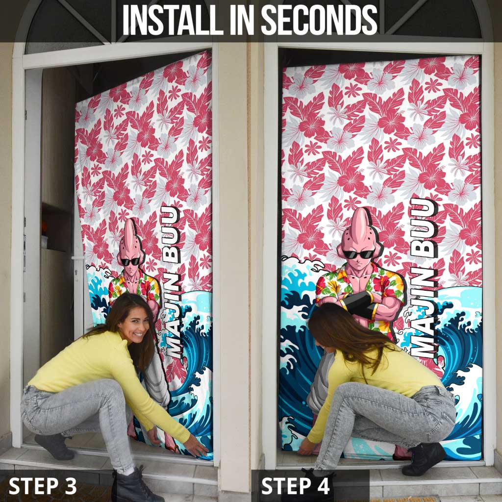 Majin Buu Dragon Ball Summer Theme Door Cover with Floral Shirt Sunglasses Shenron and Ocean Wave Background - The Mazicc