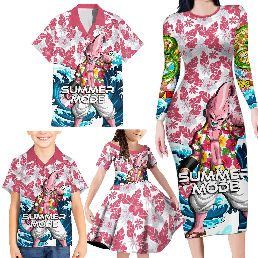 Majin Buu Dragon Ball Summer Theme Family Matching Long Sleeve Bodycon Dress and Hawaiian Shirt with Floral Shirt Sunglasses Shenron and Ocean Wave Background